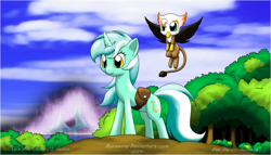 Size: 1505x862 | Tagged: safe, artist:aurawing, imported from derpibooru, lyra heartstrings, oc, oc:blue sky, griffon, pony, unicorn, chickub