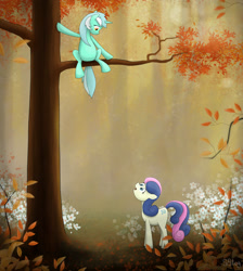 Size: 1600x1785 | Tagged: safe, artist:sslug, imported from derpibooru, bon bon, lyra heartstrings, sweetie drops, earth pony, pony, unicorn, duo, tree