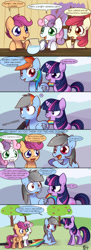 Size: 700x1931 | Tagged: safe, artist:solar-slash, imported from derpibooru, apple bloom, rainbow dash, scootaloo, sweetie belle, twilight sparkle, earth pony, pegasus, pony, unicorn, hearts and hooves day (episode), ..., angry, comic, cute, cutie mark crusaders, dashabetes, fangirl, glare, grey hair, implied daring do, love potion, open mouth, parody, rainbow-less dash, scene parody, sitting, smiling, vacuum cleaner, wide eyes