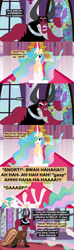 Size: 1120x3780 | Tagged: safe, artist:beavernator, imported from derpibooru, lord tirek, princess celestia, alternate ending, clothes, comedy, comic, crossdressing, dress, eyes closed, hair over one eye, laughing, misspelling, raised hoof, smiling, stained glass