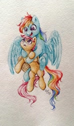 Size: 1391x2345 | Tagged: safe, artist:amishy, imported from derpibooru, rainbow dash, scootaloo, pony, holding a pony, scootalove, traditional art