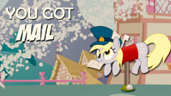 Size: 1920x1080 | Tagged: safe, artist:templarhappy, artist:tim015, imported from derpibooru, derpy hooves, pony, derpy inside a mailbox, hat, letter, mailbox, mailmare, mouth hold, ponyville, silly, silly pony, vector, wallpaper