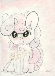 Size: 663x922 | Tagged: safe, artist:slightlyshade, imported from derpibooru, sweetie belle, cute, female, milkshake, solo, traditional art