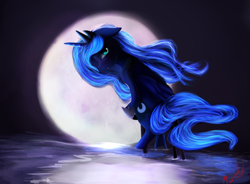 Size: 1900x1400 | Tagged: safe, artist:miokomata, imported from derpibooru, princess luna, female, looking at you, moon, night, sitting, solo, stool