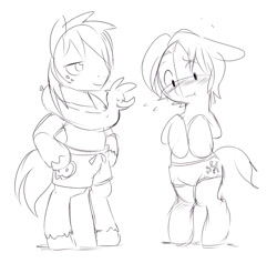 Size: 850x807 | Tagged: safe, artist:ende26, imported from derpibooru, big macintosh, caramel, earth pony, pony, semi-anthro, clothes, cute, macabetes, male, monochrome, shorts, stallion, swimsuit, topless