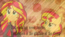 Size: 1366x768 | Tagged: safe, artist:theshadowstone, artist:twilightanddashie, artist:victoriathekitty, imported from derpibooru, sunset shimmer, human, pony, unicorn, equestria girls, quote, smiling, vector, wallpaper