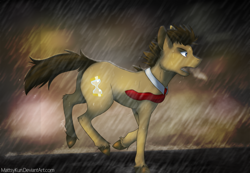 Size: 1024x707 | Tagged: safe, artist:mattsykun, imported from derpibooru, doctor whooves, time turner, pony, male, rain, running, solo, stallion