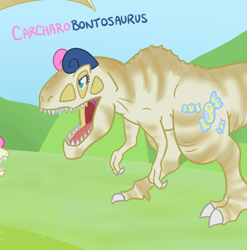 Size: 494x499 | Tagged: safe, artist:atlur, deleted from derpibooru, imported from derpibooru, bon bon, sweetie drops, carcharodontosaurus, dinosaur, bonafied, bonpun, dinosaurified, jurassic park, open mouth, prehistoric, species swap