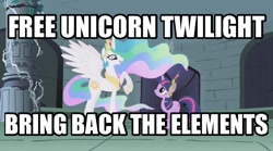 Size: 606x337 | Tagged: safe, edit, edited screencap, imported from derpibooru, screencap, princess celestia, twilight sparkle, friendship is magic, alicorn drama, background pony strikes again, castle of the royal pony sisters, drama, drama bait, image macro, meme, op is a duck, op is trying to start shit