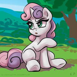 Size: 1500x1500 | Tagged: safe, artist:kp-shadowsquirrel, imported from derpibooru, sweetie belle, pony, unicorn, cute, female, filly, hill, open mouth, raised hoof, sitting, solo, tree