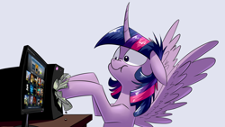 Size: 1920x1080 | Tagged: safe, artist:underpable, imported from derpibooru, twilight sparkle, alicorn, pony, derpin daily, :t, computer, derp, female, floppy ears, mare, messy mane, money, nose wrinkle, scrunch, scrunchy face, shut up and take my money, silly, silly pony, simple background, solo, spread wings, steam (software), steam sale, steam summer sale, twilight snapple, twilight sparkle (alicorn), wide eyes, wingboner, wings