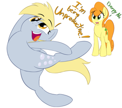 Size: 1355x1200 | Tagged: safe, artist:january3rd, imported from derpibooru, carrot top, derpy hooves, golden harvest, pegasus, pony, backbend, dialogue, female, flexible, i have done nothing productive all day, mare, simple background, white background