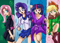 Size: 1024x731 | Tagged: safe, artist:alia-star, artist:aurora-chiaro, artist:daniel-sg, imported from derpibooru, applejack, fluttershy, rarity, twilight sparkle, human, blushing, clothes, collaboration, embarrassed, humanized, unamused