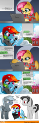 Size: 787x2502 | Tagged: safe, artist:supermare, imported from derpibooru, fluttershy, rainbow dash, oc, anatomically incorrect, beanie, cellphone, clothes, comic, computer, delsin rowe, eugene sims, glasses, hat, incorrect leg anatomy, infamous, infamous second son, laptop computer, phone, playstation 4