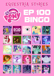 Size: 3000x4218 | Tagged: safe, artist:estories, edit, edited screencap, imported from derpibooru, screencap, applejack, berry punch, berryshine, bon bon, cheese sandwich, iron will, lemon hearts, night light, pinkie pie, princess celestia, queen chrysalis, rainbowshine, rarity, sci-twi, star swirl the bearded, sunshower raindrops, sweetie drops, trixie, twilight sparkle, twilight velvet, oc, oc:fausticorn, oc:fluffle puff, bat pony, equestria daily, equestria girls, slice of life (episode), bingo, episode 100, my little pony logo, tongue out, twilight scepter, twilight sparkle (alicorn)