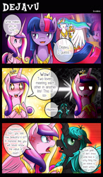 Size: 1500x2562 | Tagged: safe, artist:vavacung, imported from derpibooru, princess cadance, queen chrysalis, twilight sparkle, oc, oc:paper mache, alicorn, pony, comic:to love alicorn, comic, cute, cutedance, female, mare, sisters-in-law, twilight sparkle (alicorn)