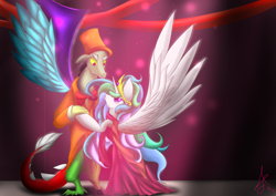 Size: 7016x4961 | Tagged: safe, artist:siranarchy95, imported from derpibooru, discord, princess celestia, absurd resolution, clothes, dancing, dislestia, dress, female, male, shipping, spread wings, straight, suit