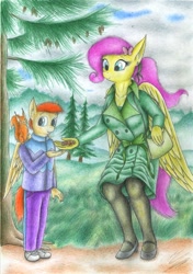 Size: 1631x2319 | Tagged: safe, artist:sinaherib, imported from derpibooru, fluttershy, oc, oc:summer wind, anthro, squirrel, breasts, cleavage, female, offspring, parent:big macintosh, parent:fluttershy, parents:fluttermac, traditional art