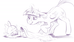 Size: 2600x1500 | Tagged: safe, artist:verulence, imported from derpibooru, spike, twilight sparkle, alicorn, pony, blanket, eyes closed, female, levitation, magic, mama twilight, mare, monochrome, sketch, sleeping, smiling, telekinesis, twilight sparkle (alicorn)