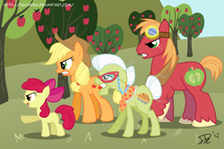 Size: 900x600 | Tagged: safe, artist:tehjadeh, imported from derpibooru, apple bloom, applejack, big macintosh, granny smith, earth pony, pony, apple, apple family, glasses, goggles, male, stallion, sweet apple acres, tree