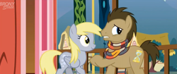 Size: 1913x805 | Tagged: safe, imported from derpibooru, screencap, derpy hooves, doctor whooves, time turner, pony, slice of life (episode), clothes, cropped, fourth doctor's scarf, male, scarf, stallion, striped scarf, tom baker's scarf