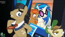 Size: 1920x1080 | Tagged: safe, imported from derpibooru, screencap, button mash, dj pon-3, filthy rich, hayseed turnip truck, vinyl scratch, earth pony, pony, slice of life (episode), colt, dollar sign, liquid button, male