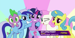 Size: 1279x650 | Tagged: safe, imported from derpibooru, screencap, lemon hearts, minuette, spike, twilight sparkle, twinkleshine, alicorn, dragon, pony, unicorn, amending fences, season 5, butt touch, dragons riding ponies, female, group, hand on butt, hug, implied moondancer, male, mare, riding, spike riding minuette, twilight sparkle (alicorn)