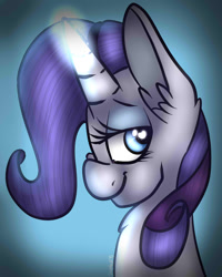 Size: 960x1200 | Tagged: safe, artist:dweebpone, imported from derpibooru, rarity, pony, unicorn, abstract background, bust, female, glowing horn, gradient background, horn, lidded eyes, looking at you, magic, mare, portrait, profile, smiling, solo