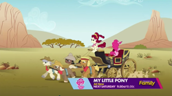 Size: 1275x709 | Tagged: safe, imported from derpibooru, screencap, cherry jubilee, pinkie pie, party pooped, carriage, desert, preview, trailer