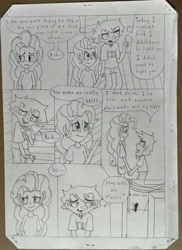 Size: 1836x2524 | Tagged: safe, artist:ysc99, imported from derpibooru, pinkie pie, human, comic, crossover, crying, dan, dan vs, elise (dan vs), humanized, monochrome, the wheel and the butterfly saga