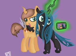 Size: 900x661 | Tagged: safe, artist:nevera573, imported from derpibooru, queen chrysalis, oc, oc:poisoned soul, changeling, changeling queen, nymph, camera, camera shot, canon x oc, chrysalislover, cute, cutealis, female, filly, glowing horn, magic, ocbetes, purple background, selfie, shipping, side hug, signature, simple background, telekinesis, younger