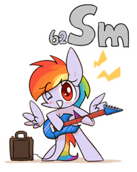 Size: 800x1000 | Tagged: safe, artist:joycall6, imported from derpibooru, part of a set, rainbow dash, pegasus, pony, series:joycall6's periodic table, bipedal, blushing, cute, electric guitar, female, floating wings, guitar, mare, musical instrument, periodic table, samarium, simple background, solo, white background, wink