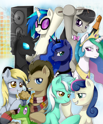Size: 1024x1232 | Tagged: safe, artist:evomanaphy, imported from derpibooru, bon bon, derpy hooves, dj pon-3, doctor whooves, gummy, kevin (changeling), lyra heartstrings, octavia melody, princess celestia, princess luna, sweetie drops, time turner, vinyl scratch, changeling, pony, slice of life (episode), background six, bedroom eyes, clothes, eye contact, female, fourth doctor's scarf, frown, grin, hoof hold, kevin, lesbian, lyrabon, male, scarf, shipping, smiling, smirk, stallion, striped scarf, tom baker's scarf