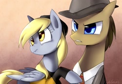 Size: 1500x1039 | Tagged: safe, artist:rocy canvas, imported from derpibooru, derpy hooves, doctor whooves, time turner, pony, clothes, hat, male, necktie, stallion, suit