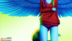 Size: 3112x1750 | Tagged: safe, artist:rublegun, imported from derpibooru, rainbow dash, anthro, pegasus, clothes, feathered wings, female, gradient background, head out of frame, high res, multicolored hair, multicolored tail, panties, patreon, patreon link, patreon logo, purple underwear, solo, spread wings, sweater, tail, underwear, wings