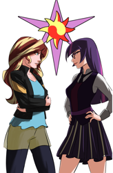 Size: 1191x1814 | Tagged: safe, artist:smilingdogz, imported from derpibooru, sci-twi, sunset shimmer, twilight sparkle, human, equestria girls, friendship games, clothes, crossed arms, cutie mark, duo, female, glasses, hand on hip, humanized, looking at each other, simple background, skirt, vest, white background