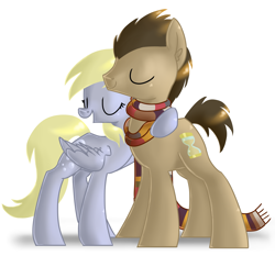 Size: 5247x4897 | Tagged: safe, artist:roaert, imported from derpibooru, derpy hooves, doctor whooves, time turner, pony, slice of life (episode), absurd resolution, clothes, fourth doctor's scarf, hug, male, scarf, scene interpretation, stallion, striped scarf, tom baker's scarf