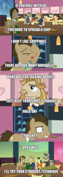 Size: 512x1435 | Tagged: safe, imported from derpibooru, screencap, colter sobchak, doctor whooves, jeff letrotski, theodore donald "donny" kerabatsos, time turner, pony, slice of life (episode), bronybait, caption, image macro, male, meme, screencap comic, shipping, stallion, straight