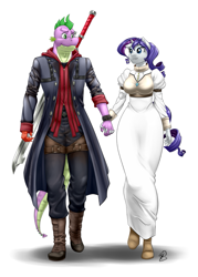 Size: 645x900 | Tagged: safe, artist:pia-sama, imported from derpibooru, rarity, spike, anthro, devil may cry, devil may cry 4, female, holding hands, kyrie (devil may cry), male, nero (devil may cry), older, older spike, shipping, sparity, straight