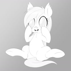 Size: 1699x1698 | Tagged: safe, artist:randy, imported from derpibooru, oc, oc only, oc:aryanne, pony, black and white, chest fluff, ear fluff, grayscale, happy, monochrome, outline, sitting, smiling, solo, spread legs, touching face, underhoof