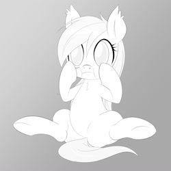 Size: 1699x1698 | Tagged: safe, artist:randy, imported from derpibooru, oc, oc only, oc:aryanne, black and white, chest fluff, frown, grayscale, hooves on face, monochrome, oh my gah, outline, sitting, solo, spread legs, underhoof