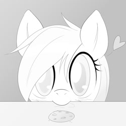 Size: 1024x1024 | Tagged: safe, artist:randy, imported from derpibooru, oc, oc only, oc:aryanne, aryanbetes, black and white, cookie, cookie monster, cookie thief, cute, drool, face, grayscale, heart, looking at you, monochrome, nom, orange, smiling, solo, table
