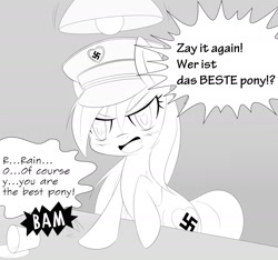 Size: 1764x1648 | Tagged: safe, artist:randy, imported from derpibooru, oc, oc only, oc:aryanne, angry, bam, best pony, black and white, glass, grayscale, hat, heart, interrogation, lamp, monochrome, nazi, outline, solo, stuttering, swastika, table, table smash