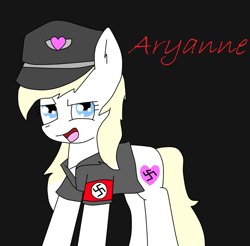 Size: 787x774 | Tagged: safe, artist:tomboygirl45, imported from derpibooru, oc, oc only, oc:aryanne, clothes, hat, nazi, solo, standing, swastika, text, uniform