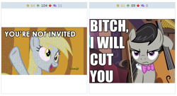 Size: 517x282 | Tagged: safe, imported from derpibooru, derpy hooves, octavia melody, pegasus, pony, derpibooru, slice of life (episode), exploitable meme, female, juxtaposition, juxtaposition win, mare, meme, meta, vulgar