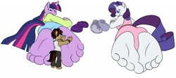 Size: 1280x572 | Tagged: safe, artist:silverscarf, imported from derpibooru, rarity, twilight sparkle, oc, anthro, plantigrade anthro, barefoot, feet, foot fetish, foot focus, giant anthro, looking back, macro, massage, micro, sandals