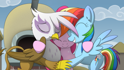 Size: 3840x2160 | Tagged: safe, artist:hydrusbeta, imported from derpibooru, gilda, pinkie pie, rainbow dash, earth pony, griffon, pegasus, pony, the lost treasure of griffonstone, cloud, cute, eyes closed, female, group hug, hug, mare, scene interpretation, sky, smiling