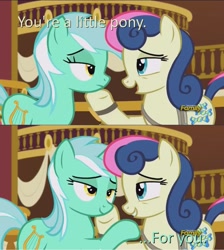 Size: 1280x1428 | Tagged: safe, edit, imported from derpibooru, screencap, bon bon, lyra heartstrings, sweetie drops, slice of life (episode), baneposting, discovery family logo, female, lesbian, lyrabon, shipping