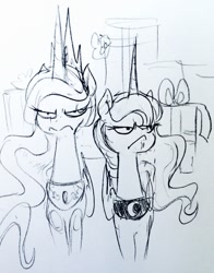 Size: 1001x1280 | Tagged: safe, artist:glacierclear, imported from derpibooru, princess celestia, princess luna, slice of life (episode), :<, angry, bickering sisters, grumpy, monochrome, sketch, traditional art, unamused