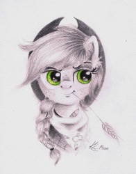 Size: 1024x1305 | Tagged: safe, artist:lailyren, artist:moonlight-ki, imported from derpibooru, applejack, female, portrait, solo, straw, traditional art